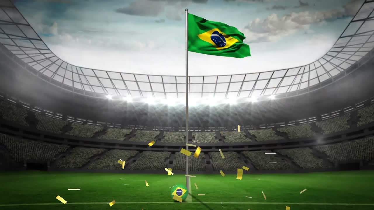 animación de confeti cayendo sobre la bandera de brasil en un estadio deportivo