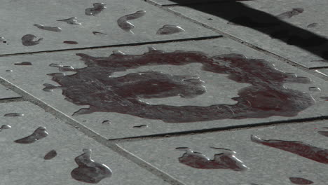 view of sarajevo rose, a memorial marker on the street where three or more people were killed during the siege of sarajevo. shot of feet walking in slow motion