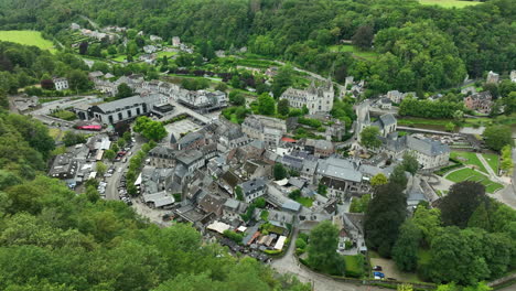 high angle aerial view of durbuy city in the belgian ardennes 4k