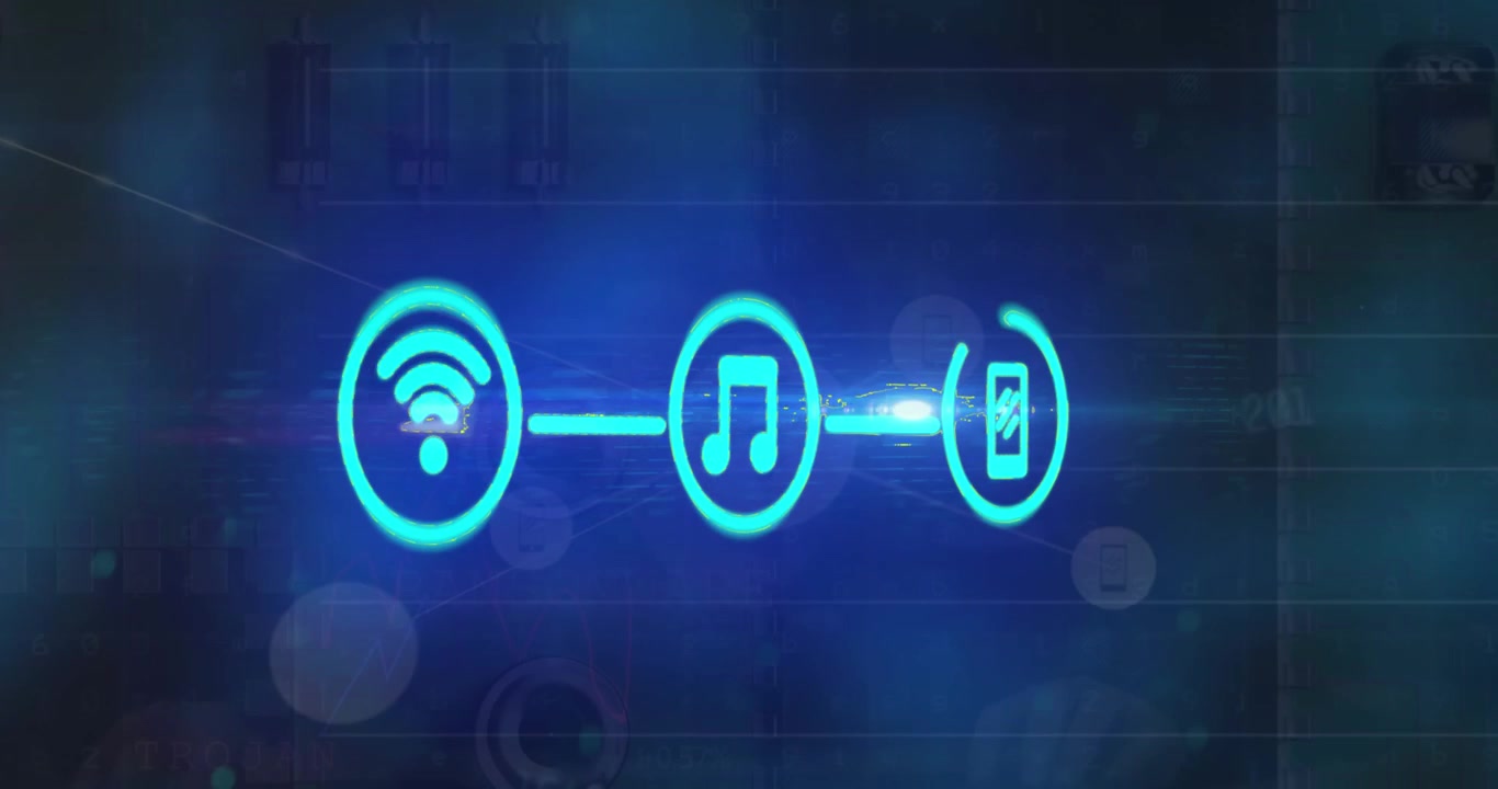 Animation of digital icons over network of connections against blue background