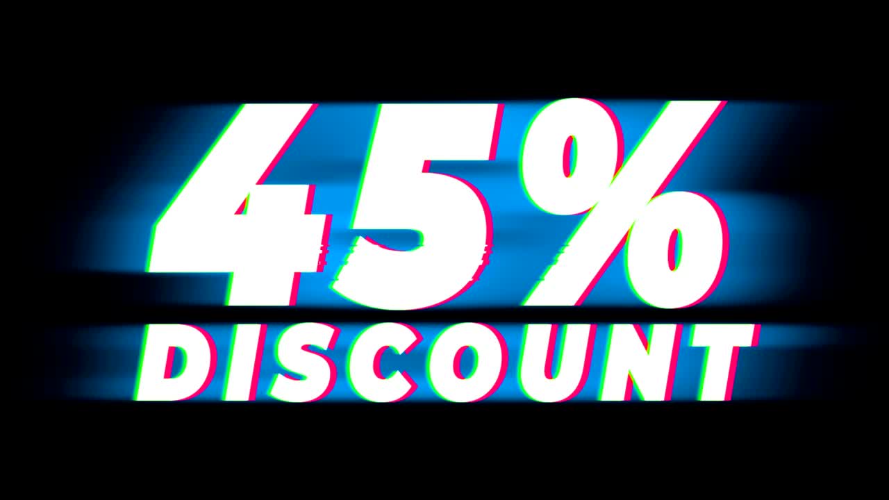el 45% de descuento en el texto es una promoción de efecto glitch vintage.