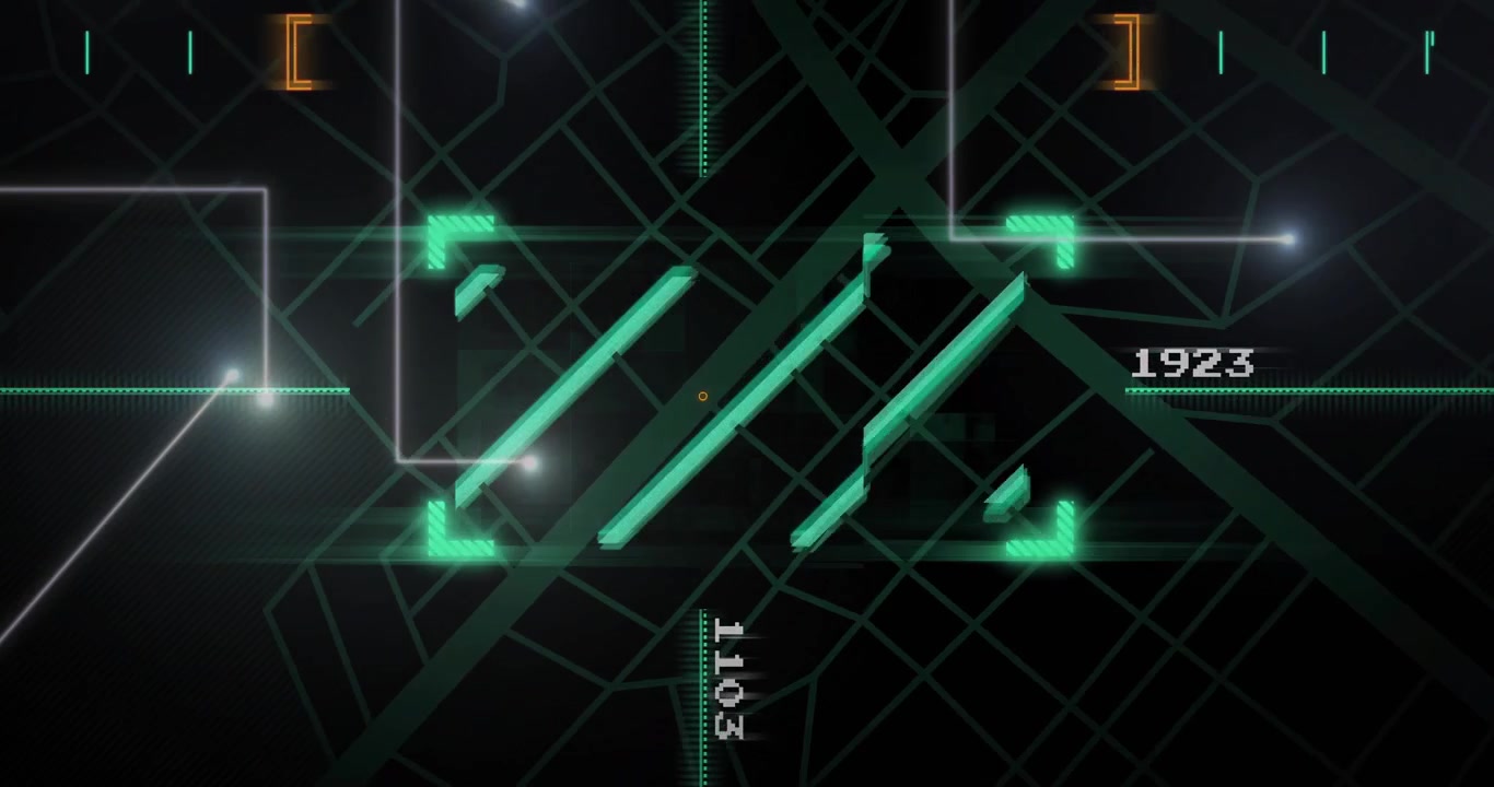 Interface loading HUD, neon bars pulsing, reticle targeting, readout updating, locking for mapping
