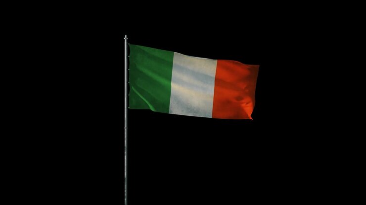 Bandiera dell'Irlanda su pennone che sventola al vento, animazione 3D realistica su loop continuo nero, della durata di 20 secondi (canale alfa incluso)