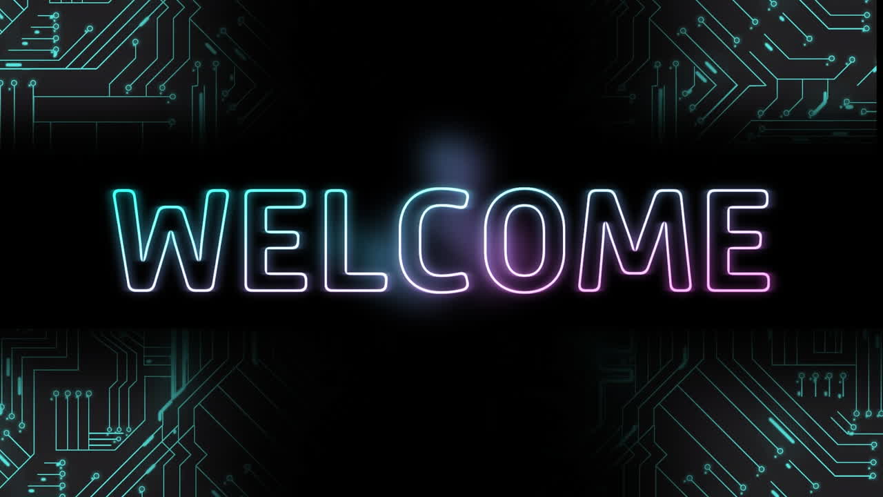 Animation of welcome text, data processing over computer circuit board