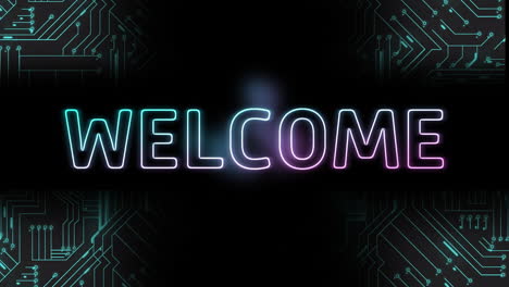 animation of welcome text, data processing over computer circuit board