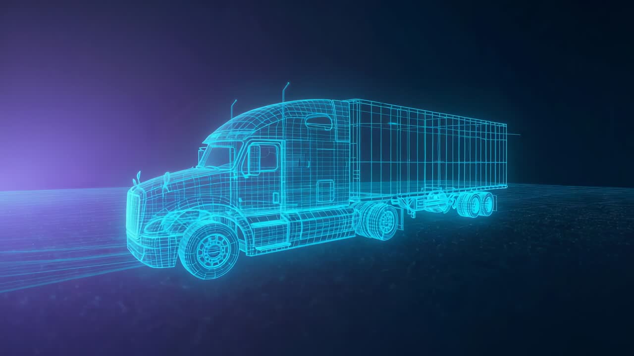 Opening sequence revealing neon-blue wireframe semi-truck on grid stage, with pulsing violet glow