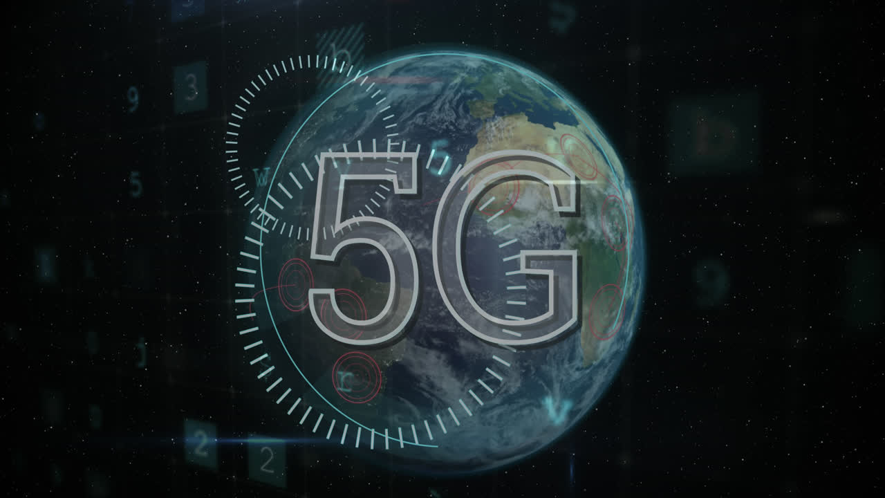 testo 5g e elaborazione di dati di sicurezza informatica contro globo su sfondo nero