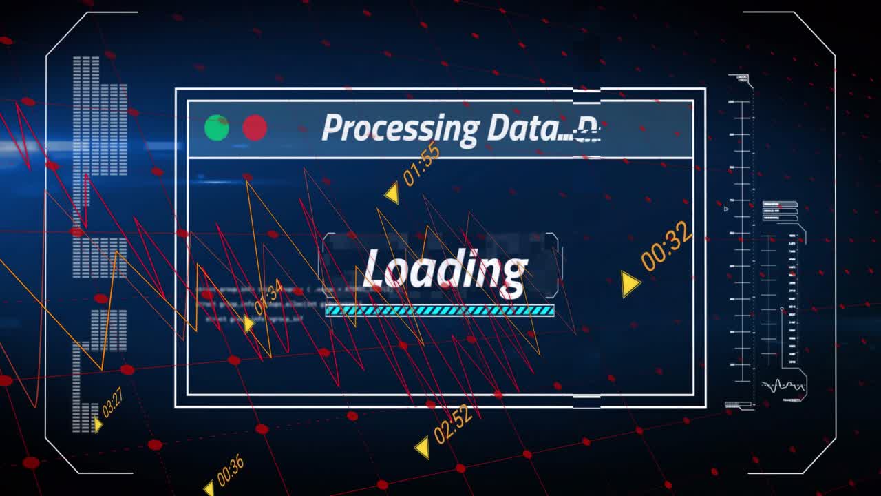 Grid and waveform sweeping revealing central processing window, loading bar pulsing for analytics