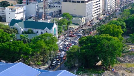aerial view of busy traffic stopped at road junction in capital city of manila philippines