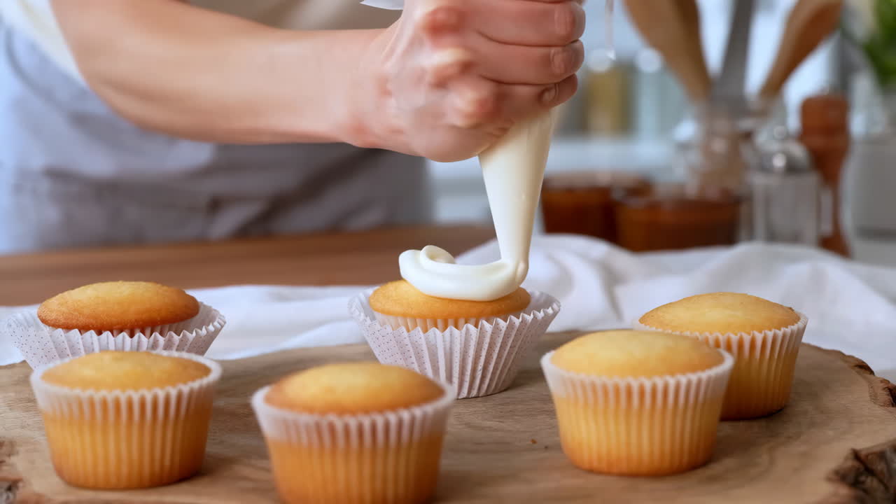 A person decorating cupcakes with frosting