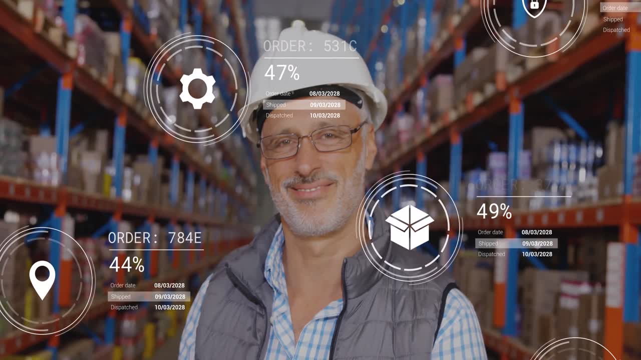 animación de iconos con procesamiento de datos sobre trabajador masculino caucásico en un almacén