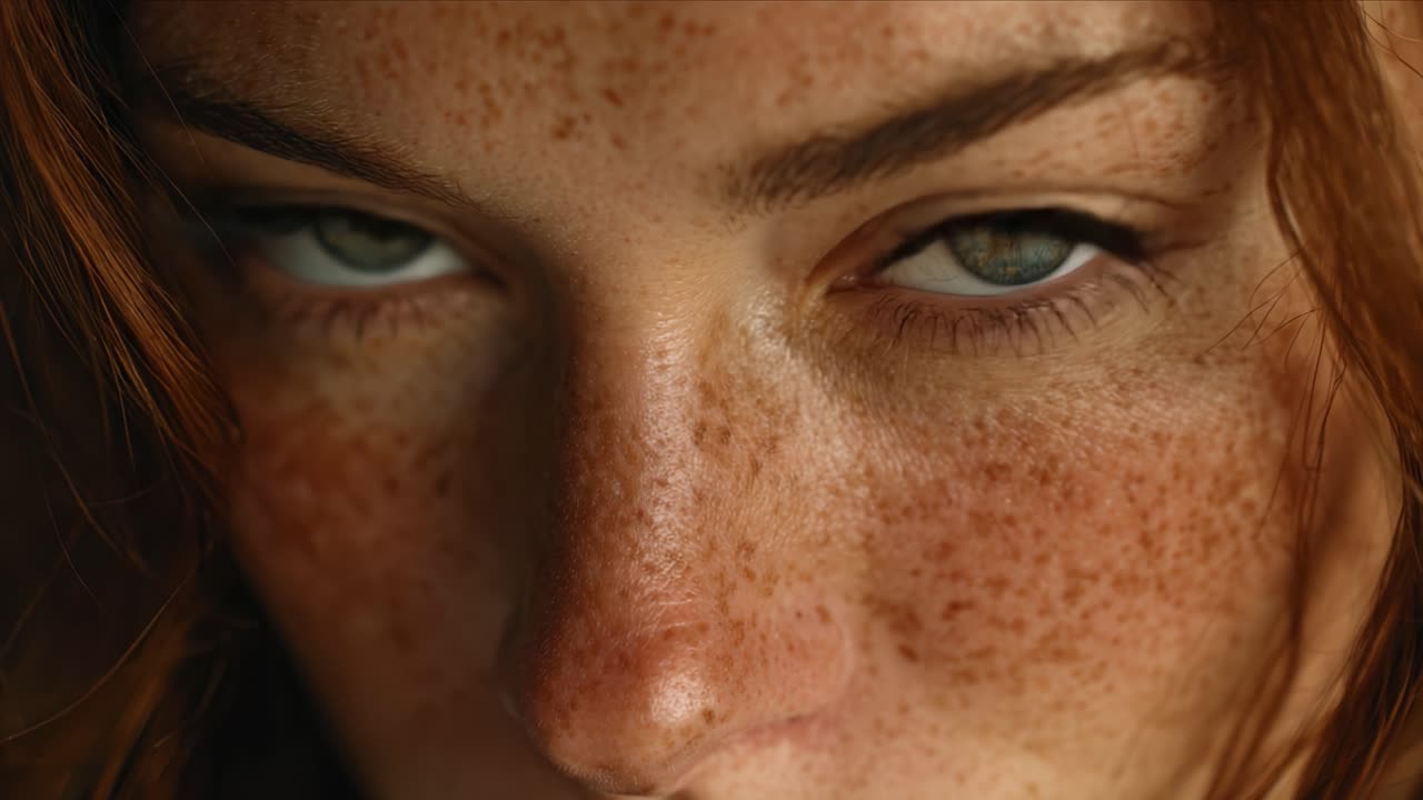 A Captivating Close-Up of a Freckled Face with Striking Green and Blue Eyes, Highlighting the Beauty and Emotions Captured in Two Frames of an Intimate Portrait