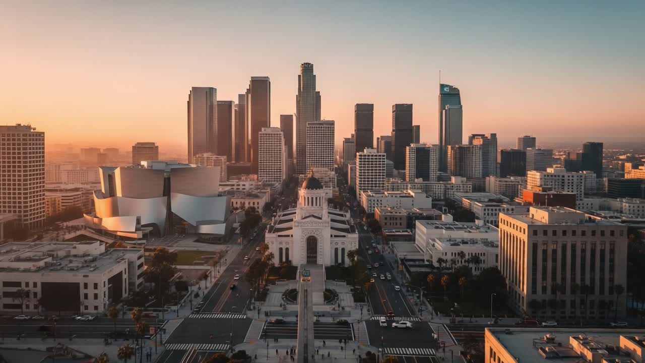 Panoramic Sunset View of Downtown Los Angeles Skyline