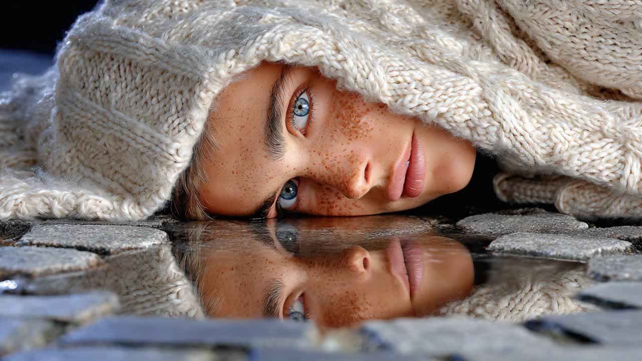 A Captivating Portrait of Reflection and Serenity: A Young Individual Resting on a Stone Surface, Covered by a Cozy Knit Blanket, Gazing into a Still Water Mirror