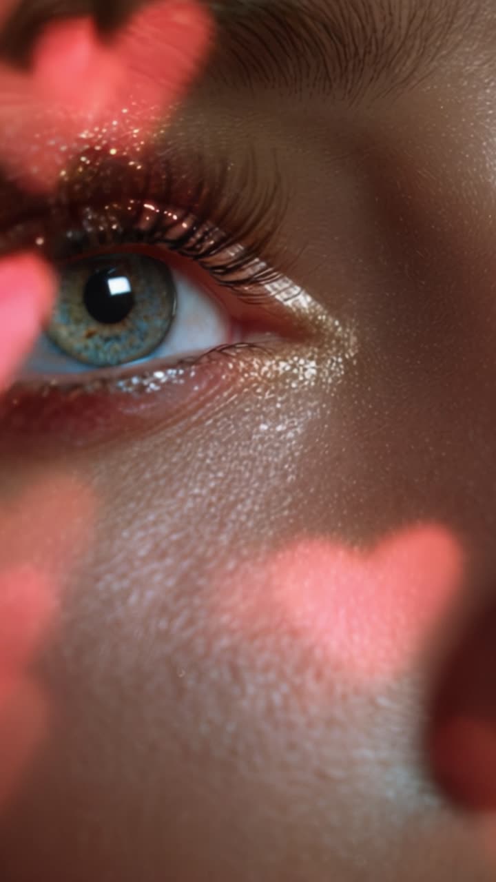 A Close-Up of an Eye Sparkling with Glitter and Highlighted by Heart Patterns Amidst Vibrant Colors and Artistic Shadows in an Enchanting Visual Display