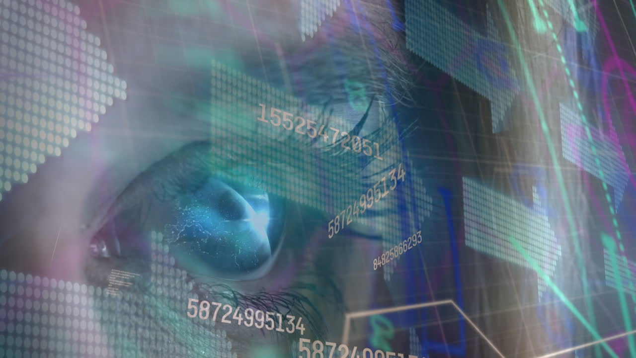 animación de números de procesamiento de datos y flechas sobre el ojo azul