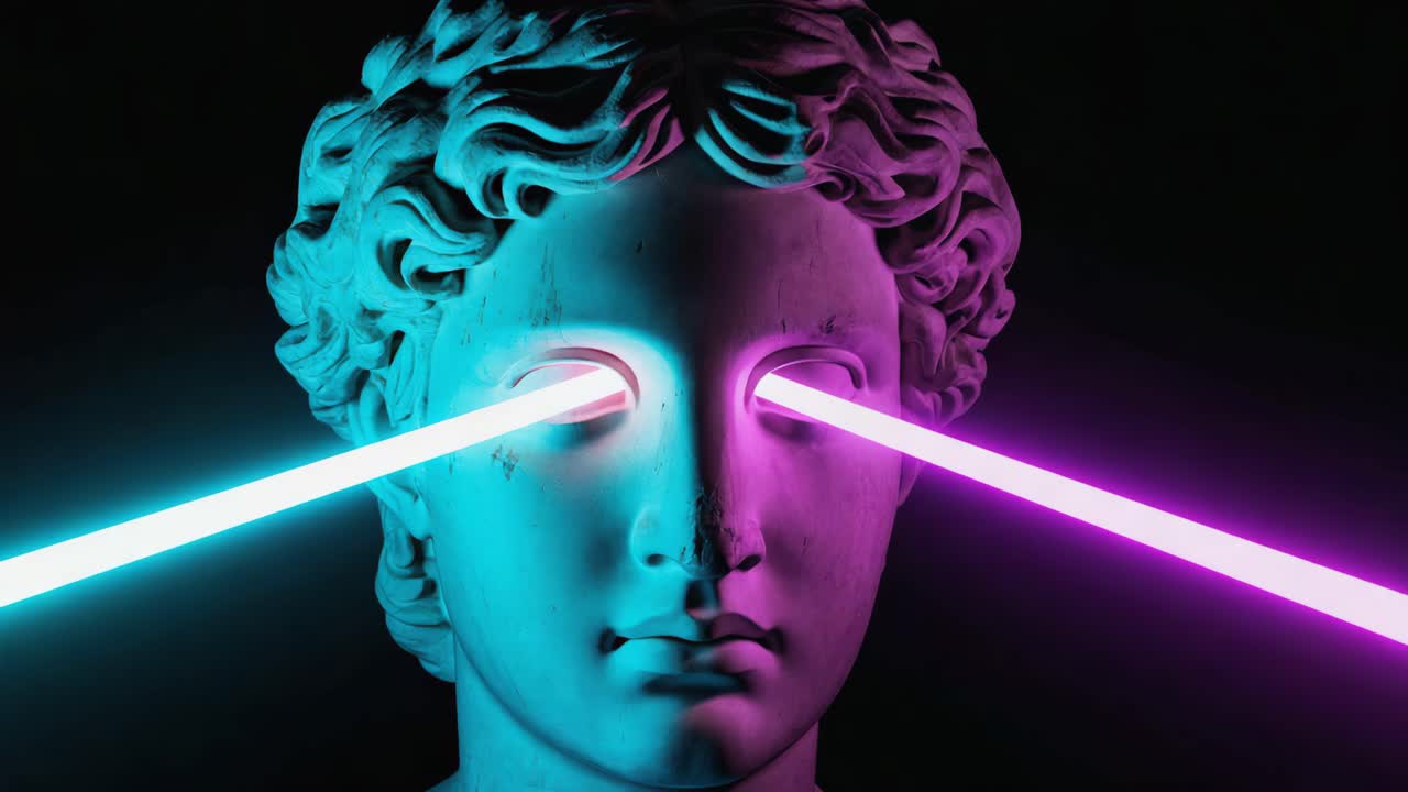 Classical Statue Head with Neon Laser Eyes