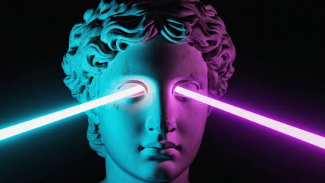 classical statue head with neon laser eyes