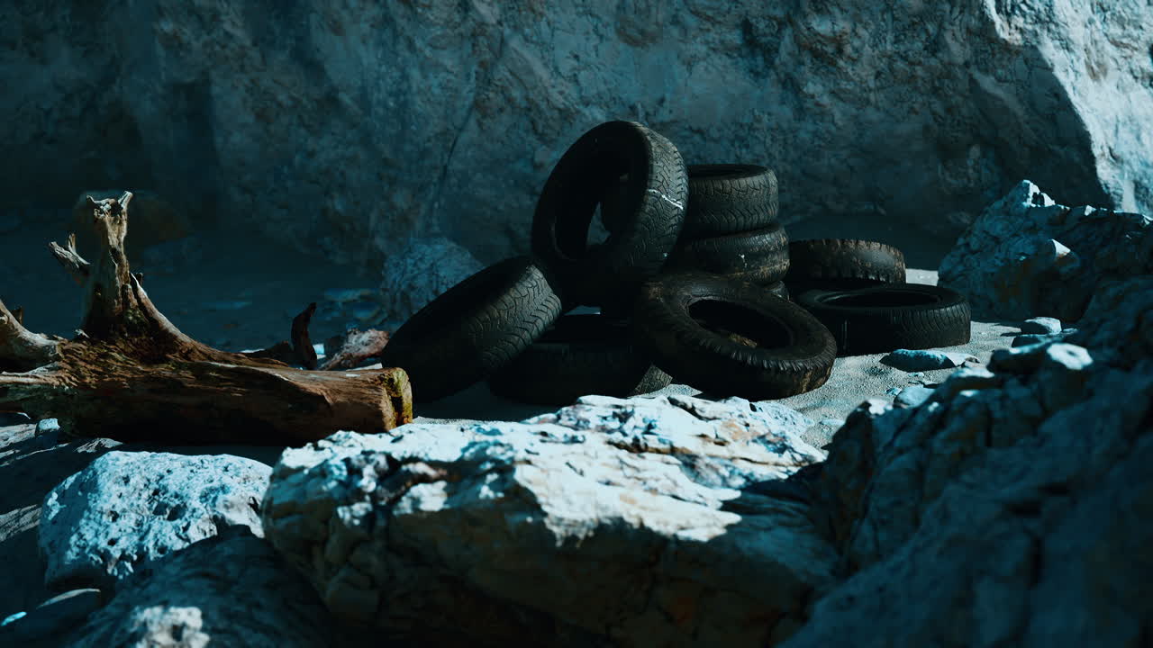 neumático viejo en la orilla del mar y contaminación de la naturaleza