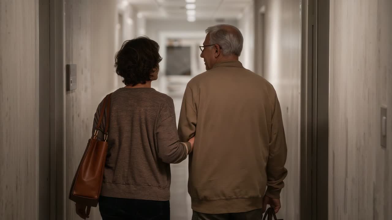 Linking elbows, seniors walking in corridor while talking, in beige jacket with brown tote and bag