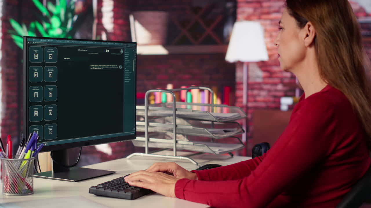 mujer trabajando en una computadora en una oficina