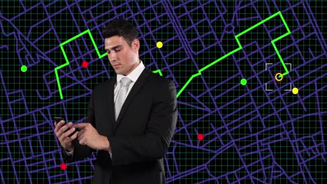 caucasian businessman using a smartphone against navigation map line scheme on black background