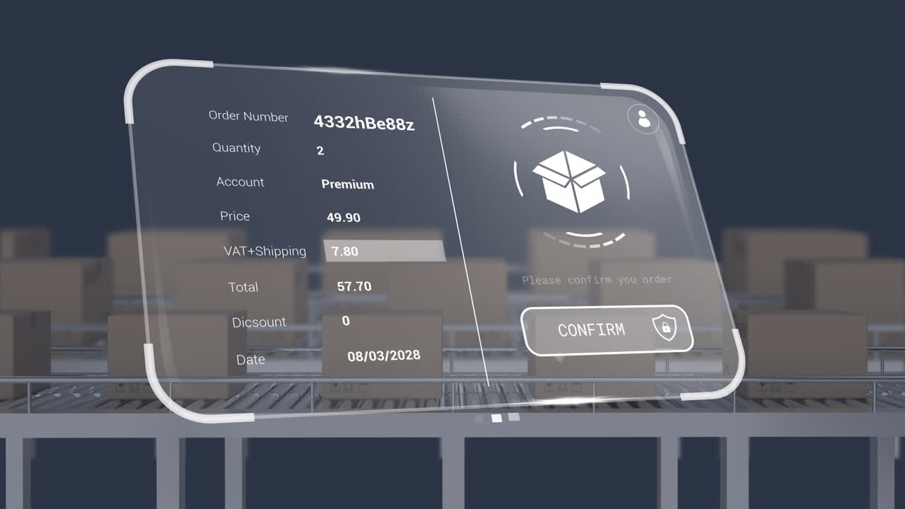 컨베이어 벨트에 있는 상자 위에 아이콘과 데이터 처리를 가진 디지털 인터페이스의 애니메이션