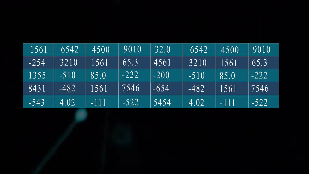 Numerical data table with blue lines over abstract dark background animation