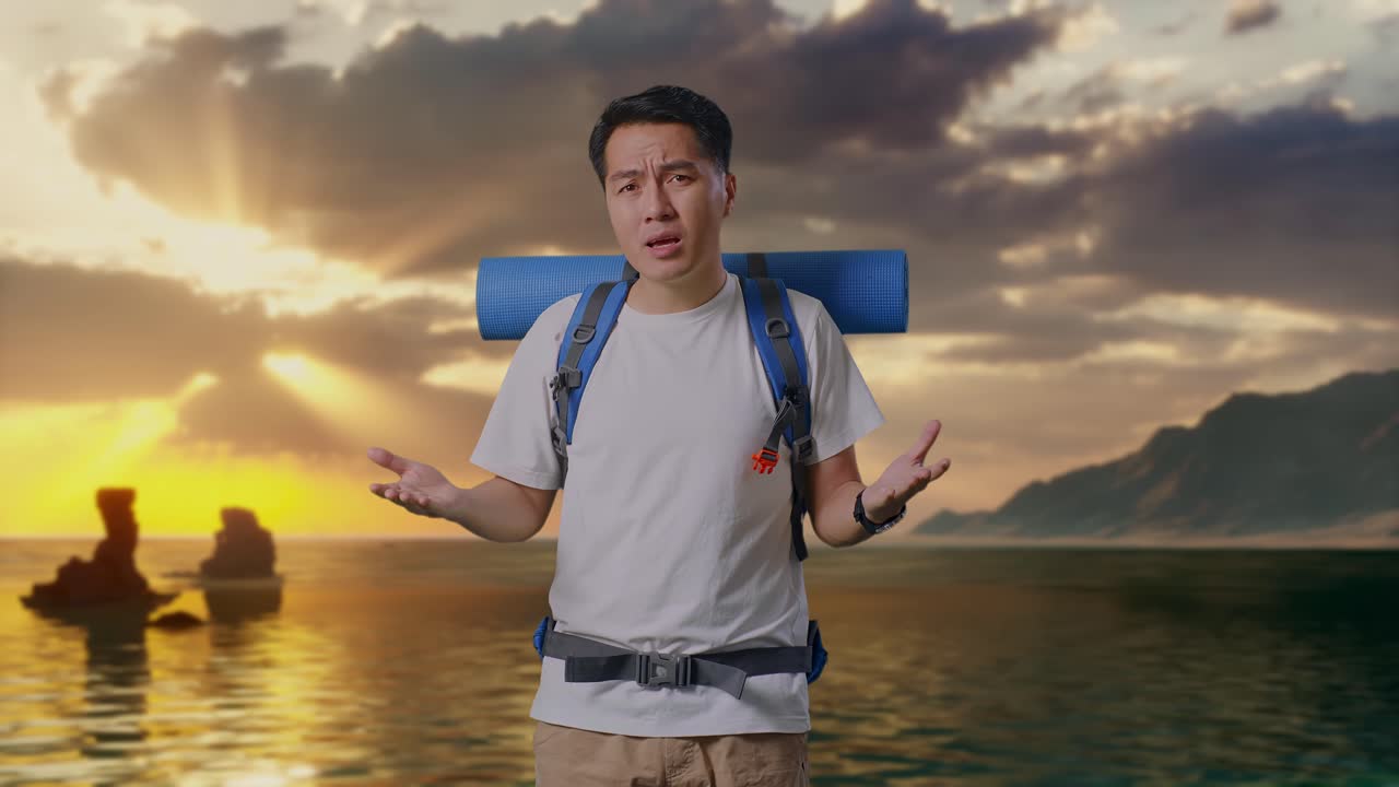 Pendaki Pria Asia Kebingungan Dengan Ransel Gunung Membuat Gestur Ragu-Ragu Dan Mengatakan Mengapa Di Pantai