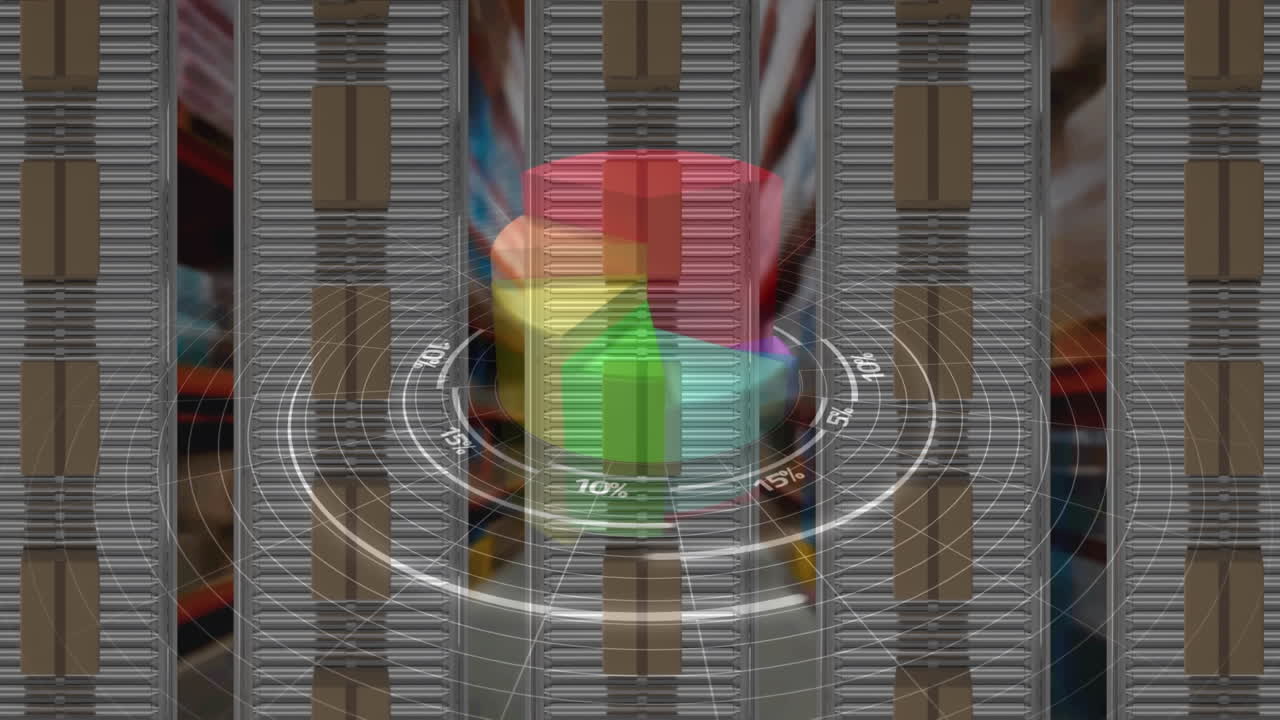 animación del procesamiento de estadísticas sobre cintas transportadoras con cajas