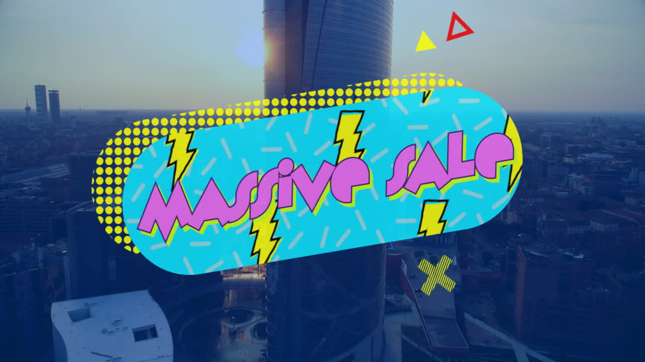 Massive Sale banner floating over dusk skyline with blue pill, lightning bolts, pink text