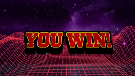 you win! text animation over retro grid and starry night sky background