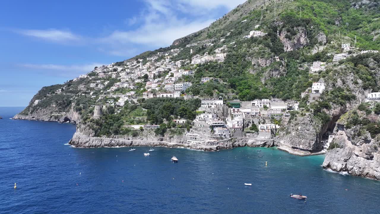 Amalfi Coast At Praiano In Salerno Italy. Beach Landscape. Giant Cliffs Scene. Amalfi Coast At Praiano In Salerno Italy. Medieval City Skyline. Gulf Of Salerno Mediterranean Sea. Beach Skyline