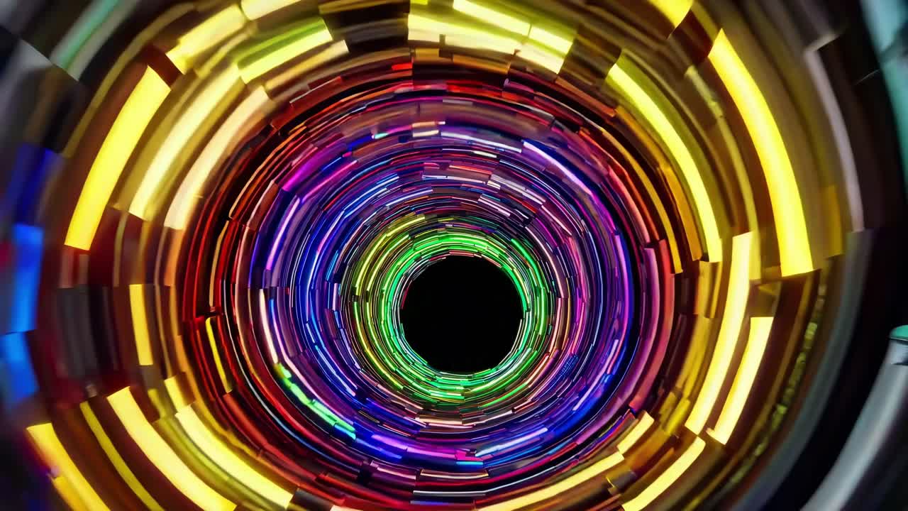 hipnotizante animación digital con rotativos, coloridos rectángulos brillantes en espiral alrededor del vórtice central oscuro, presentando seis variaciones únicas de buceo en túnel hipnótico con profundidad visual dinámica