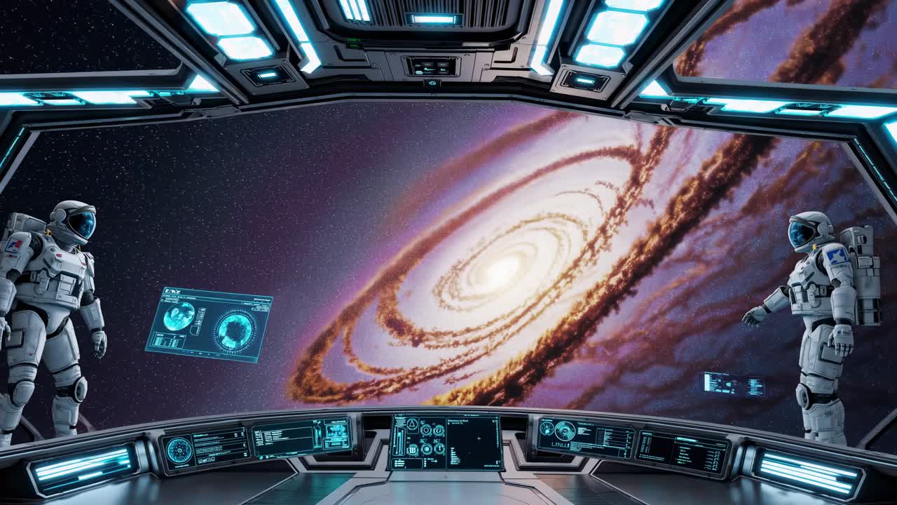Astronauts in Spaceship Viewing Spiral Galaxy