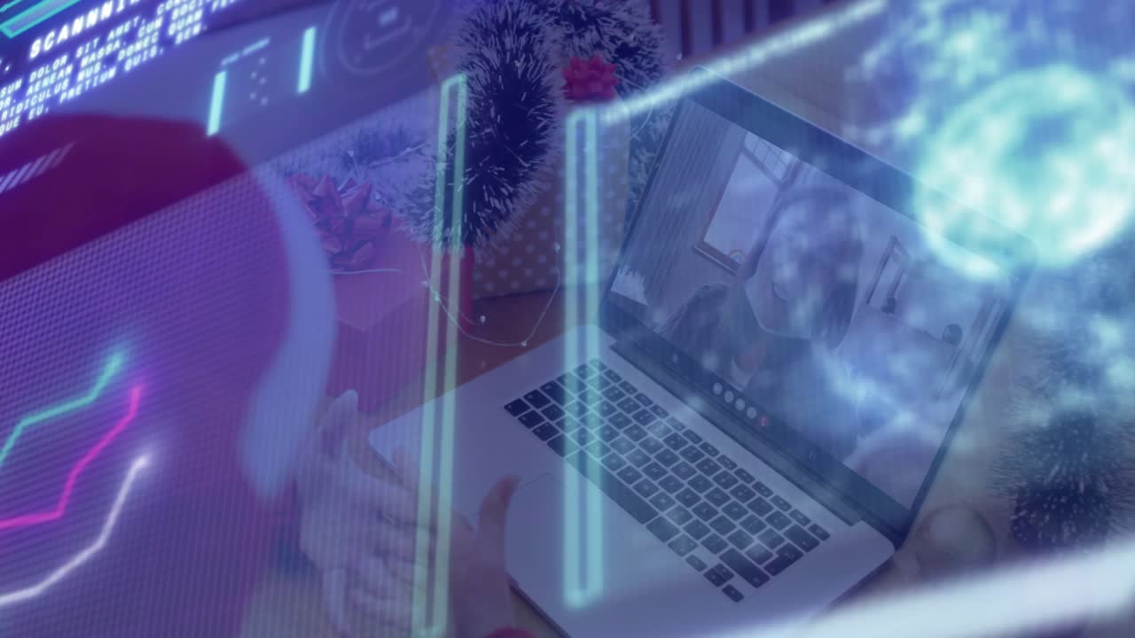 Holographic scanning bars pulsing across laptop while mother typing and gesturing guiding tech call