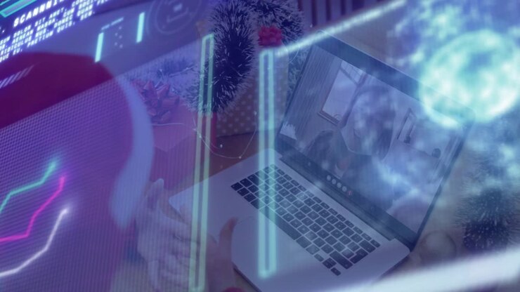 Holographic scanning bars pulsing across laptop while mother typing and gesturing guiding tech call