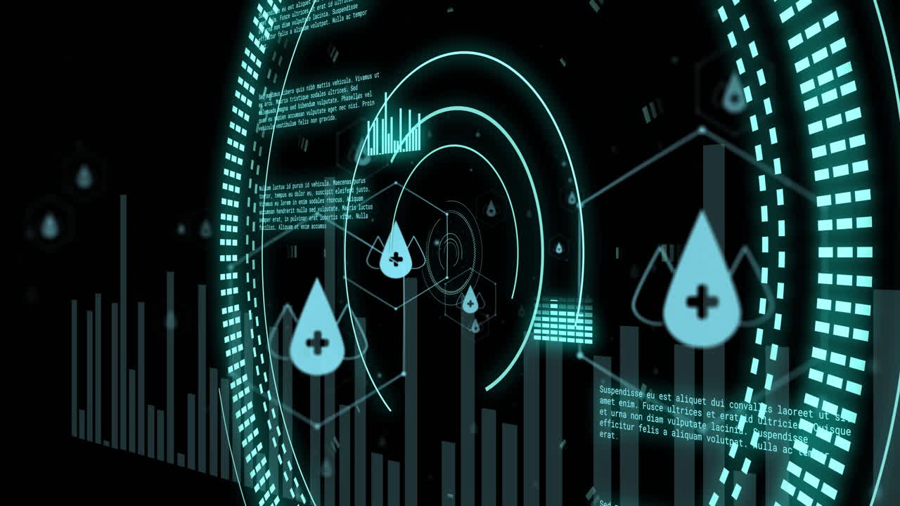 procesamiento de datos médicos con iconos de salud en animación de interfaz digital futurista