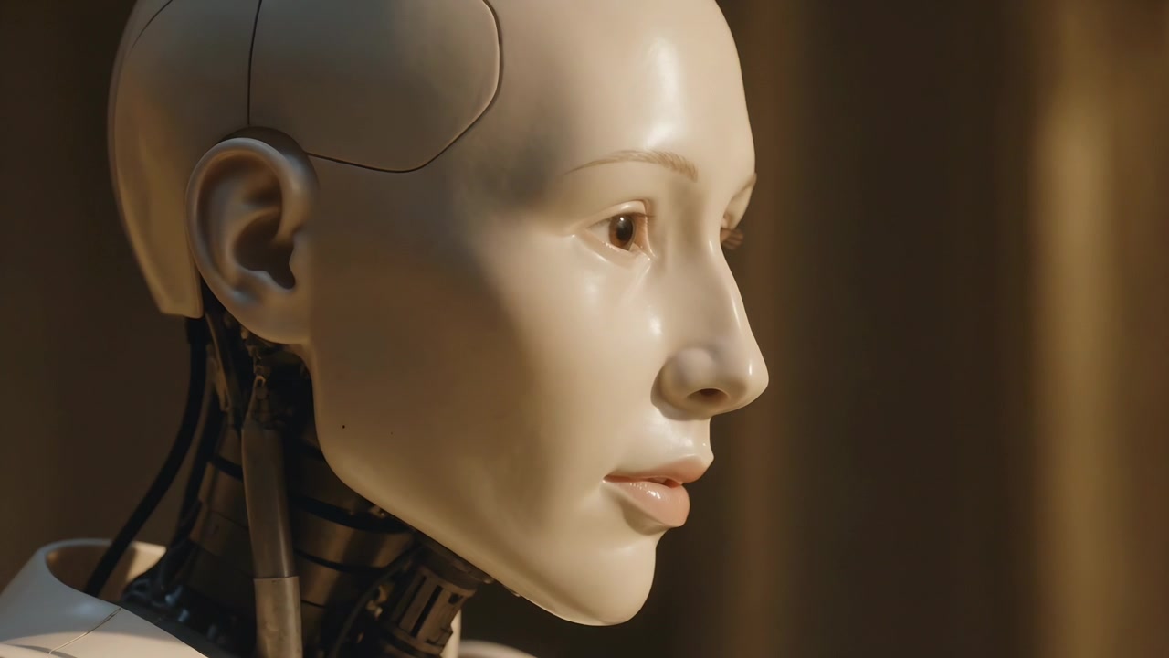Testa di robot che riceve un segnale, sposta gli occhi, si inclina in avanti in studio, esponendo i cavi, spazio per il testo.