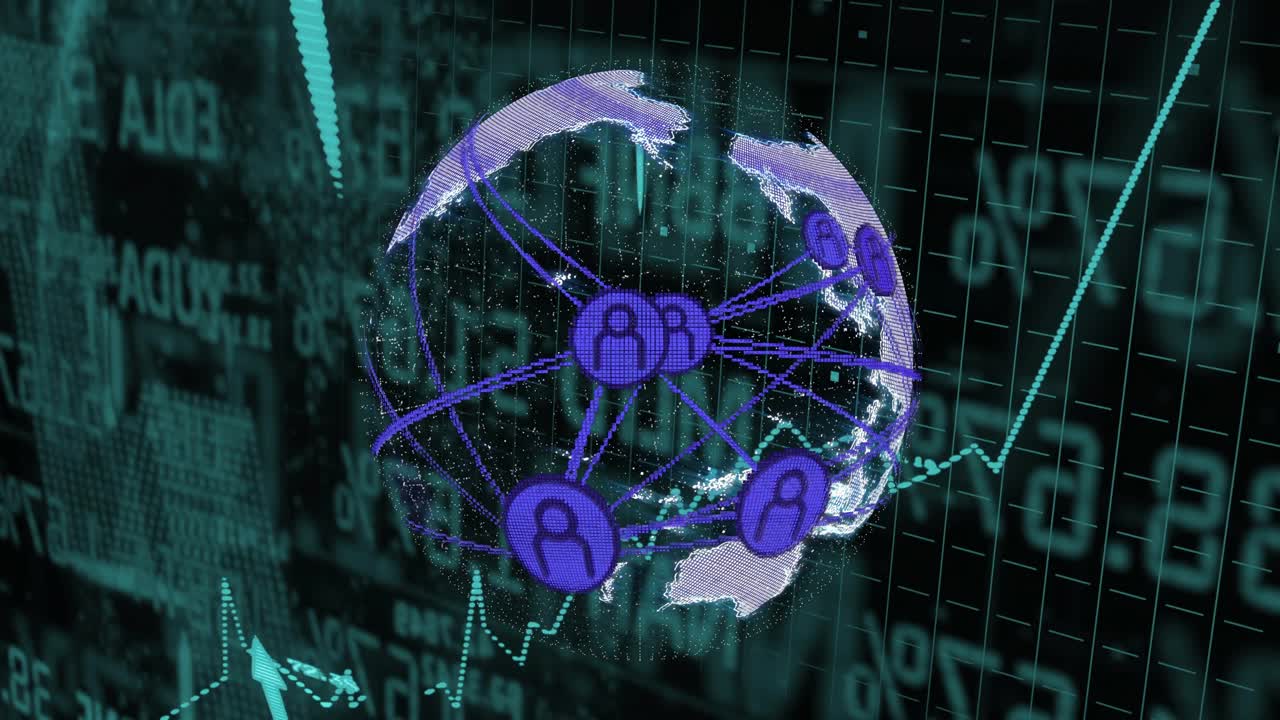 On opening 3D globe rotating over grid while purple nodes linking and arrow rising showing growth