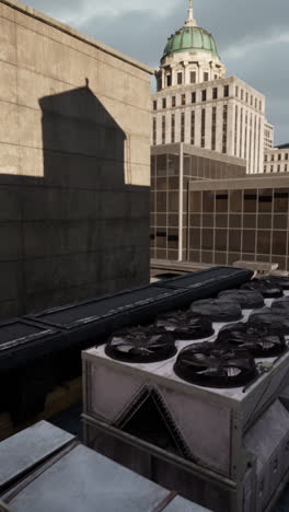 a rooftop view of a cityscape with cooling towers