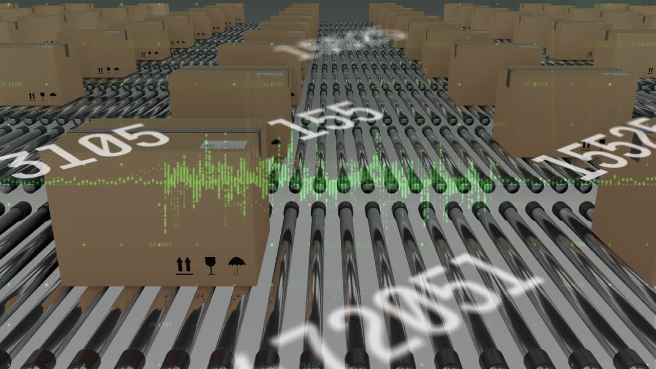 컨베이어 벨트에 있는 카드본 상자 위에서 숫자의 변화와 데이터 처리의 애니메이션
