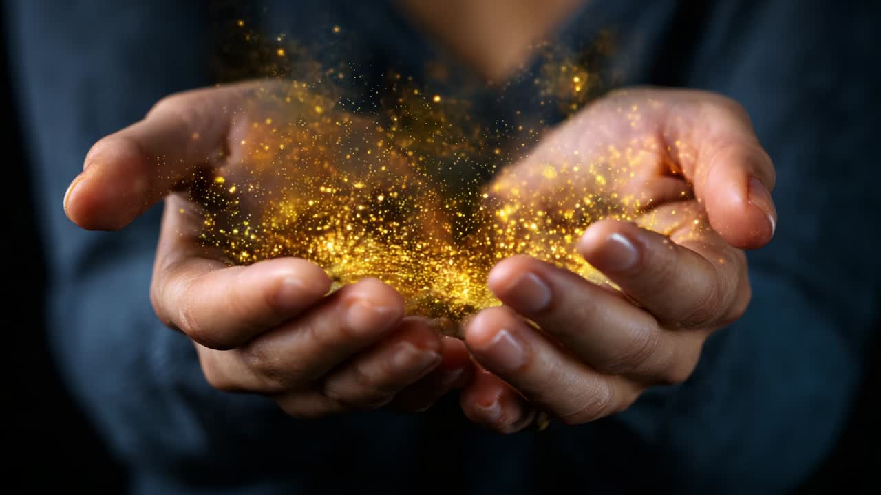 Eine Person hält eine faszinierende Darstellung goldener Partikel in ihren Händen und erschafft so eine fesselnde Illustration von Magie und Staunen, während sie eine umwerfende Explosion schimmernden Zaubers entfesselt