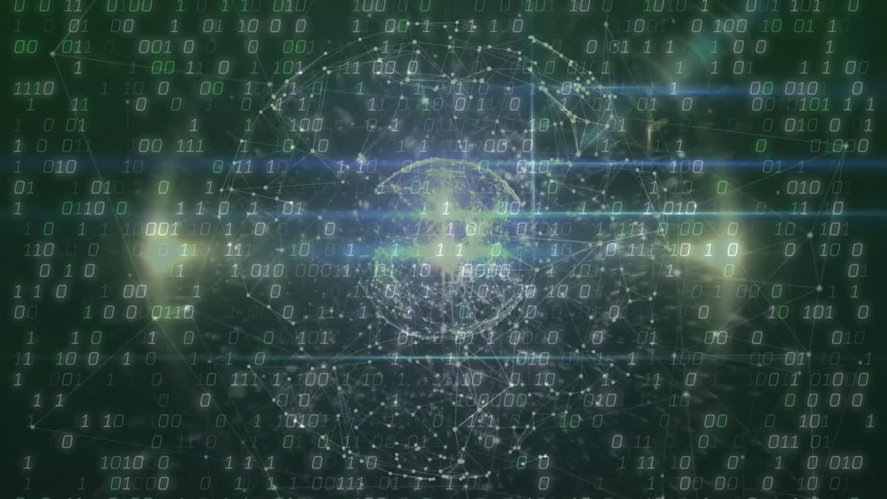 Glowing wireframe sphere floating, sending blue and yellow light streaks across binary network mesh