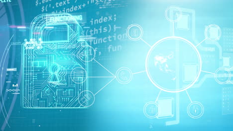 animation of online security padlock with data processing in background
