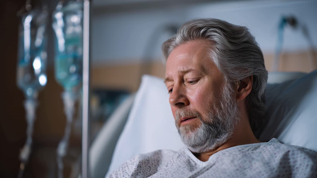 Weary man rests in a hospital bed. His eyes softly close, showing calm resignation. Medical IV bags hang nearby, steady and quiet. The room's soft lighting casts gentle shadows