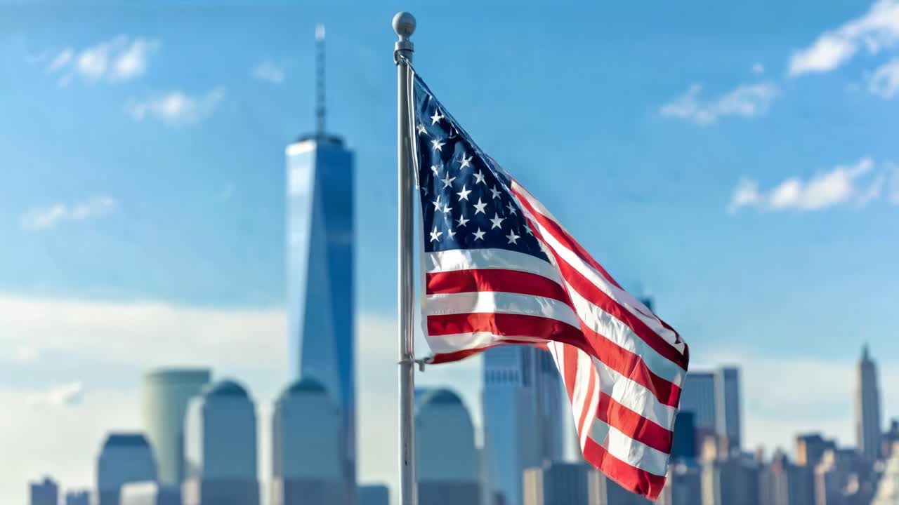 Video da angolazione bassa di una bandiera americana che sventola con uno skyline cittadino sullo sfondo