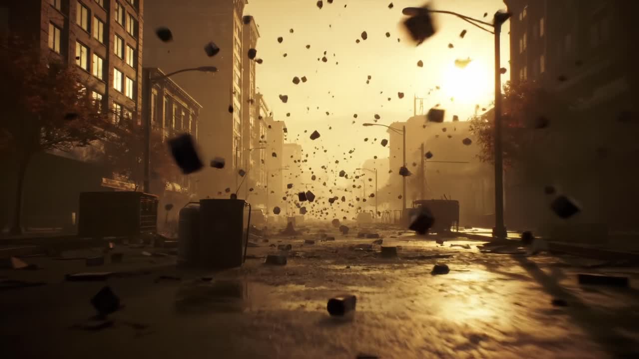 A Desolate Urban Landscape Under a Golden Sunset, Debris Suspended in the Air, Capturing the Feeling of Stillness Amidst Chaotic Energy and Evocative Shadows