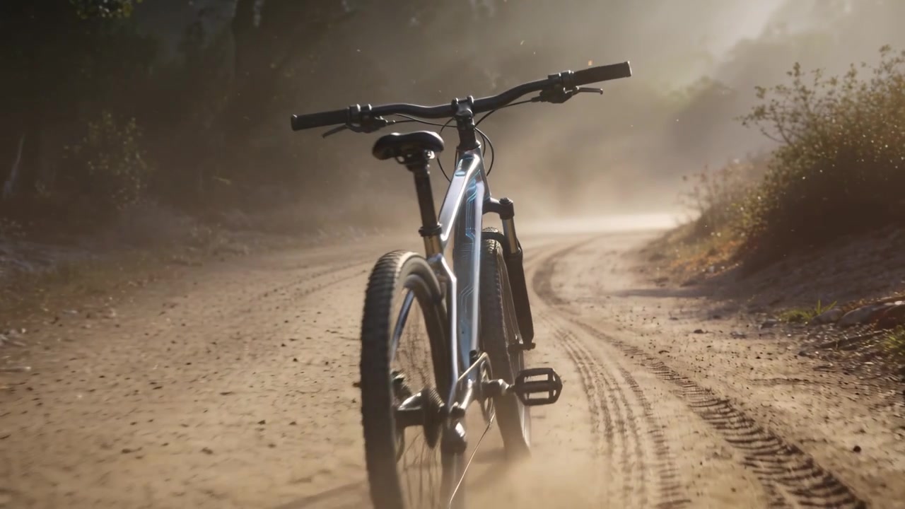 La telecamera si allontana rivelando una bicicletta che scende lungo un sentiero sterrato illuminato dal sole, mostrando circuiti blu.