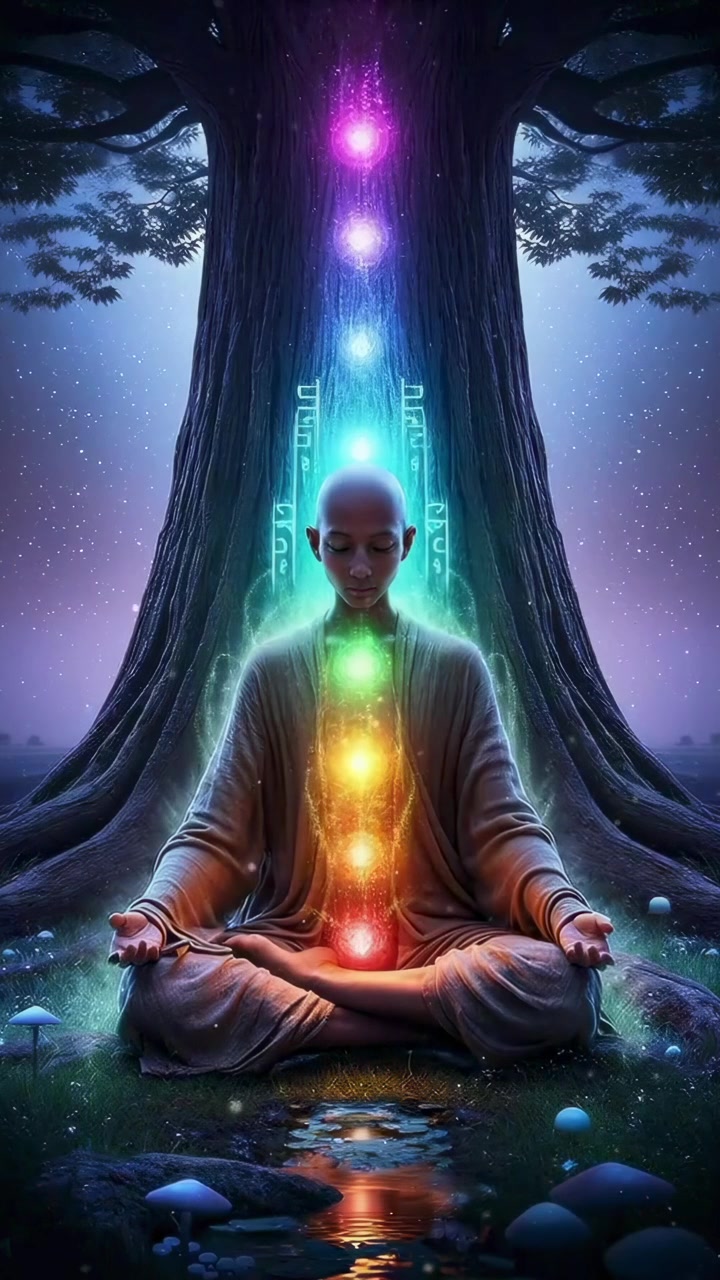 Persona in meditazione con chakra luminosi sotto un albero mistico